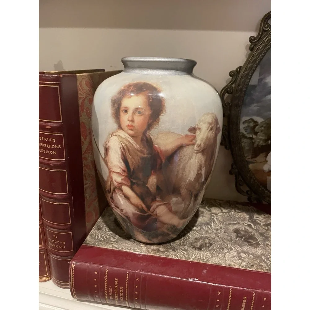 Vintage Decopauge French Style Shepherd Boy & Sheep Urn Vase 8.5